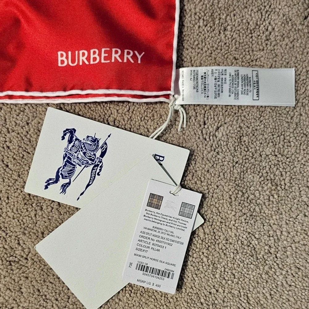 Burberry Split Horse Silk Square Women Red White Equestrian Knight Italian Scarf